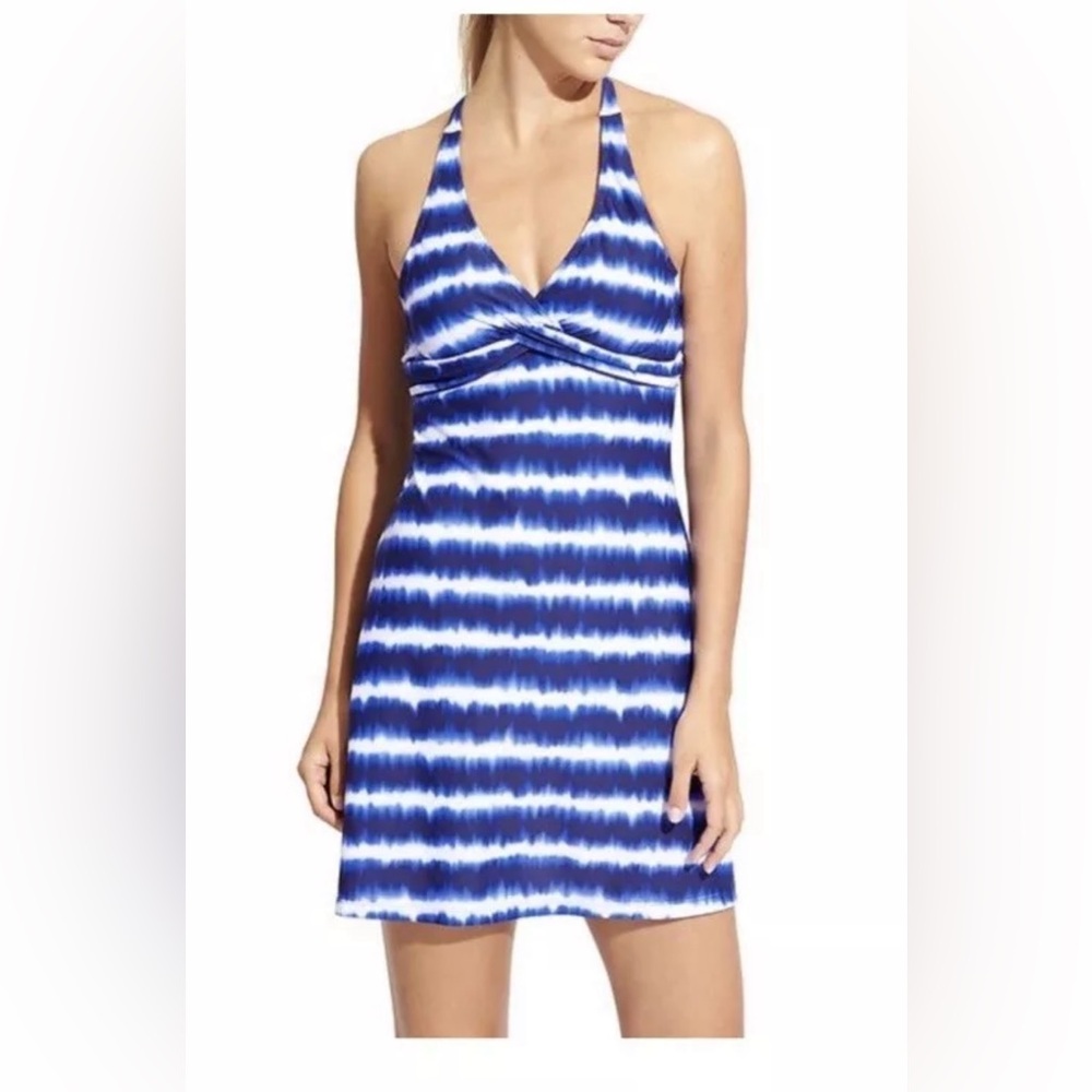 Athleta Tara Del Mar halter blue and white tye dye swim dress 38 B/C!